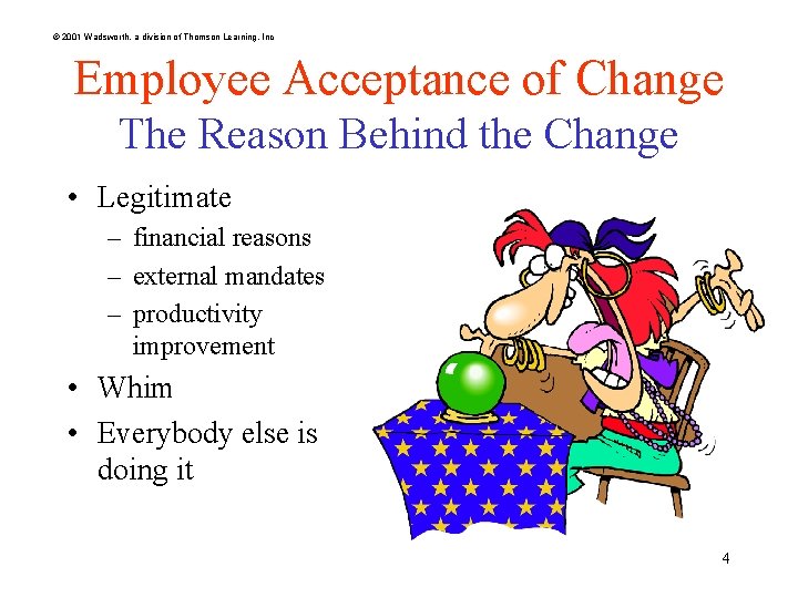 © 2001 Wadsworth, a division of Thomson Learning, Inc Employee Acceptance of Change The