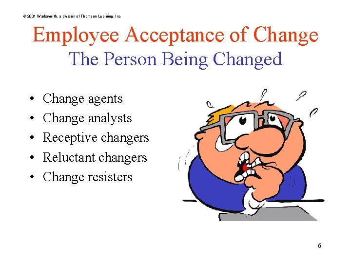 © 2001 Wadsworth, a division of Thomson Learning, Inc Employee Acceptance of Change The