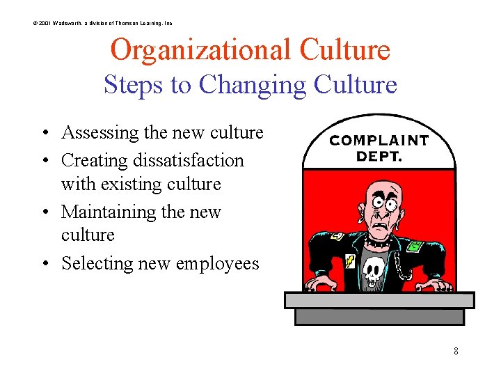 © 2001 Wadsworth, a division of Thomson Learning, Inc Organizational Culture Steps to Changing