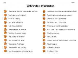 TEST TORG Software. Test Organisation 1 The role
