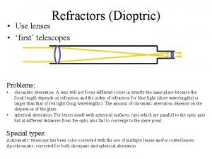 Refractors Dioptric Use lenses first telescopes Problems chromatic