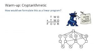Warmup Cryptarithmetic How would we formulate this as