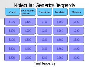 Molecular Genetics Jeopardy Vocab DNA structure Replication Transcription