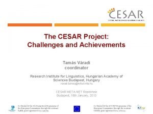 The CESAR Project Challenges and Achievements Tams Vradi