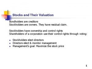 Stocks and Their Valuation Bondholders are creditors Stockholders