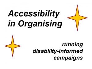 Accessibility in Organising running disabilityinformed campaigns Session breakdown