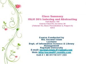 Class Summary ISLM 301 Indexing and Abstracting Full