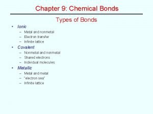 Chapter 9 Chemical Bonds Types of Bonds Ionic