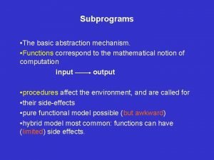 Subprograms The basic abstraction mechanism Functions correspond to
