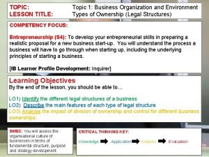 TOPIC LESSON TITLE Topic 1 Business Organization and