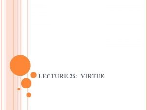 LECTURE 26 VIRTUE Utilitarianism Kantianism Investigates the moral