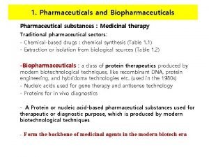 1 Pharmaceuticals and Biopharmaceuticals Pharmaceutical substances Medicinal therapy