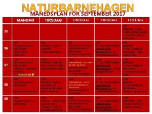 NATURBARNEHAGEN MNEDSPLAN FOR SEPTEMBER 2017 MANDAG ONSDAG TIRSDAG