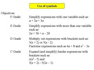 Use of symbols Objectives F Grade Simplify expressions