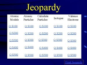 Jeopardy Atomic Models Atomic Particles Calculate Particles Isotopes Jeopardy Atomic Models Atomic Particles Calculate Particles Isotopes