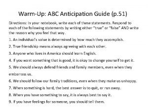 WarmUp ABC Anticipation Guide p 51 Directions In