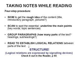 TAKING NOTES WHILE READING Fourstep procedure SKIM to
