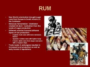 RUM New World colonisation brought sugar cane from