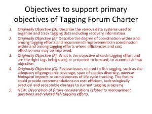 Objectives to support primary objectives of Tagging Forum