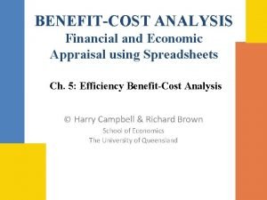 BENEFITCOST ANALYSIS Financial and Economic Appraisal using Spreadsheets