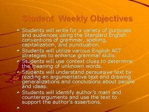 Student Weekly Objectives Students will write for a
