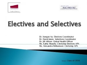 Electives and Selectives Dr Keegan Au Electives Coordinator