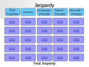 Jeopardy Fluid Properties Pressure Archimedes Principle Pascals Principle