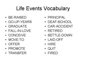 Life Events Vocabulary BERAISED GOUPYEARS GRADUATE FALLINLOVE CONCEIVE