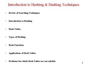 Introduction to Hashing Hashing Techniques Review of Searching