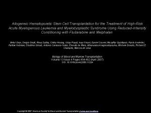 Allogeneic Hematopoietic Stem Cell Transplantation for the Treatment