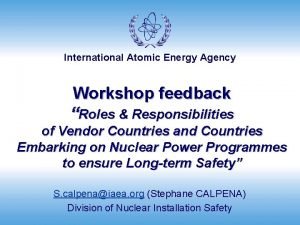 International Atomic Energy Agency Workshop feedback Roles Responsibilities