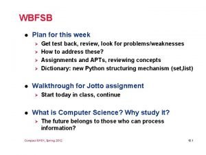WBFSB l Plan for this week l Walkthrough