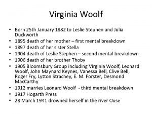 Virginia Woolf Born 25 th January 1882 to
