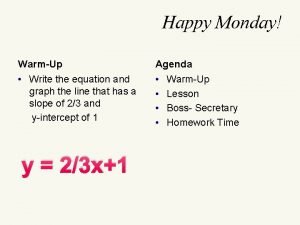 Happy Monday WarmUp Agenda Write the equation and