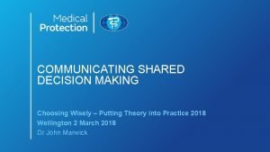 COMMUNICATING SHARED DECISION MAKING Choosing Wisely Putting Theory