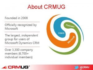 About CRMUG Founded in 2008 Officially recognized by