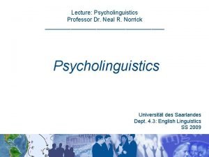 Lecture Psycholinguistics Professor Dr Neal R Norrick Psycholinguistics