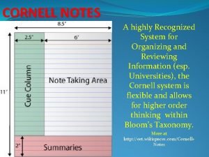 CORNELL NOTES A highly Recognized System for Organizing