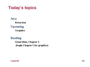 Todays topics Java Recursion Upcoming Graphics Reading Great