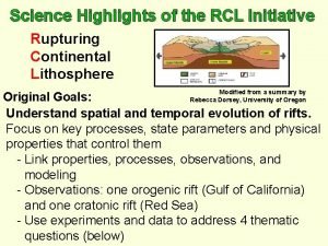 Science Highlights of the RCL Initiative Rupturing Continental