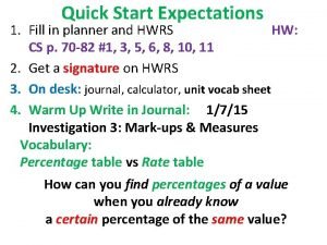 Quick Start Expectations 1 Fill in planner and