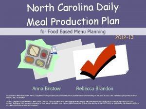 North Carolina Daily Meal Production Plan for Food