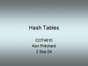 Hash Tables COT 4810 Ken Pritchard 2 Sep