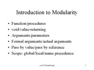 Introduction to Modularity Functionprocedures voidvaluereturning Argumentsparameters Formal argumentsactual