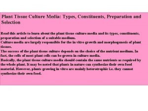 Plant Tissue Culture Media Types Constituents Preparation and