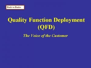 Back to Basics Quality Function Deployment QFD The