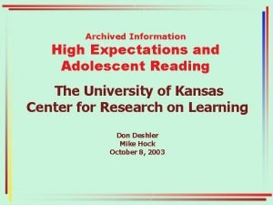 Archived Information High Expectations and Adolescent Reading The