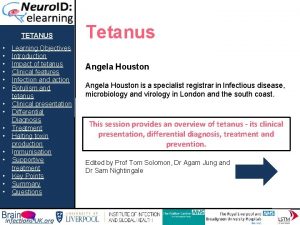 TETANUS Learning Objectives Introduction Impact of tetanus Clinical