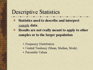 Descriptive Statistics used to describe and interpret sample