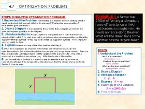 STEPS IN SOLVING OPTIMIZATION PROBLEMS 1 Understand the